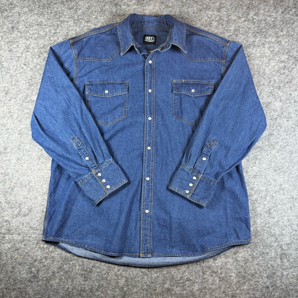 Key Denim Shirt Mens XL Blue Western Pearl Snap Long Sleeve Cowboy Workwear